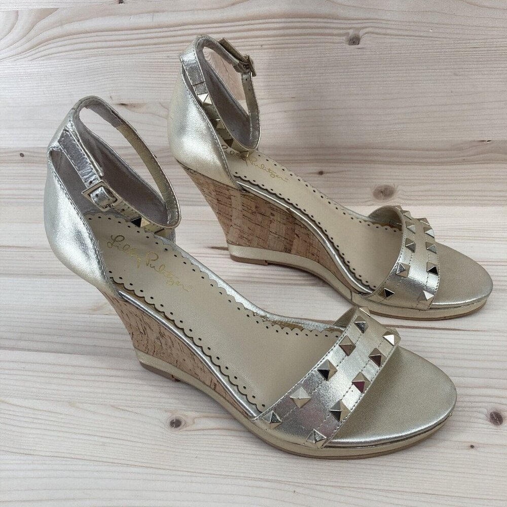 Lilly Pulitzer Womens Gold Leather Studded Wedge Heel Sandal Size 9 Gold Sydney